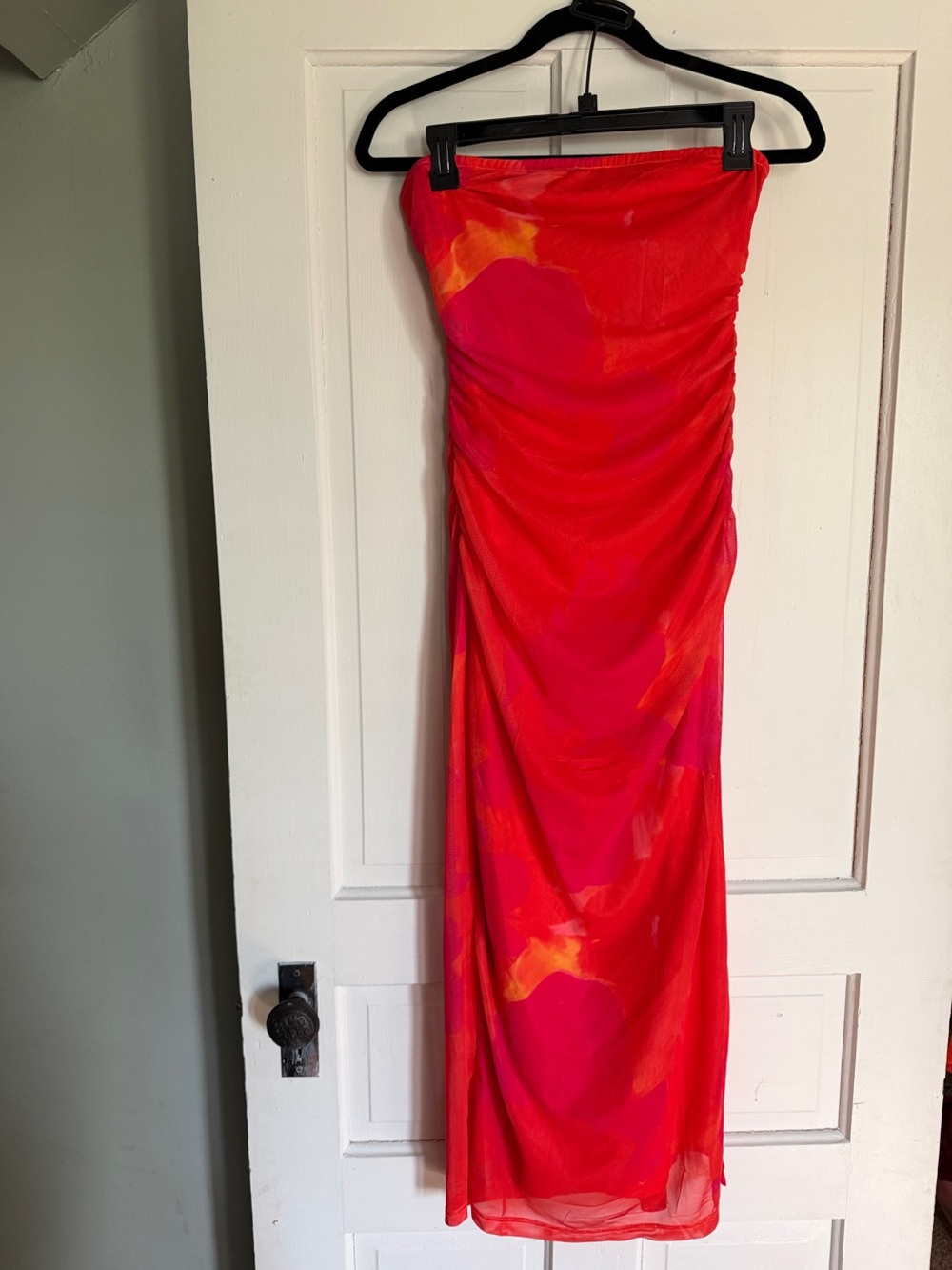 PrettyGarden Strapless Ruched Maxi Dress in Vibrant Orange & Pink